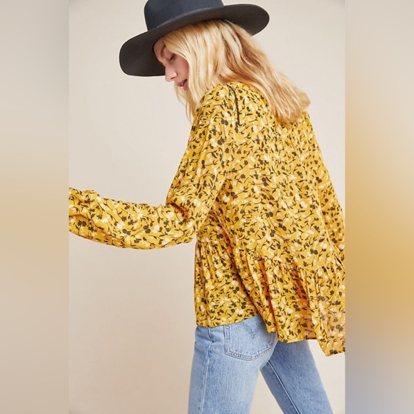 Maeve Tops - Maeve Anthropologie Viscose Yellow Floral Cheyenne Peplum Blouse Top